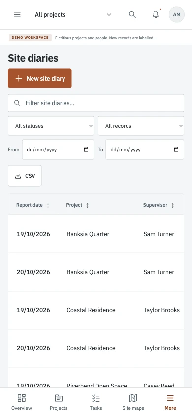Site diary register on a phone